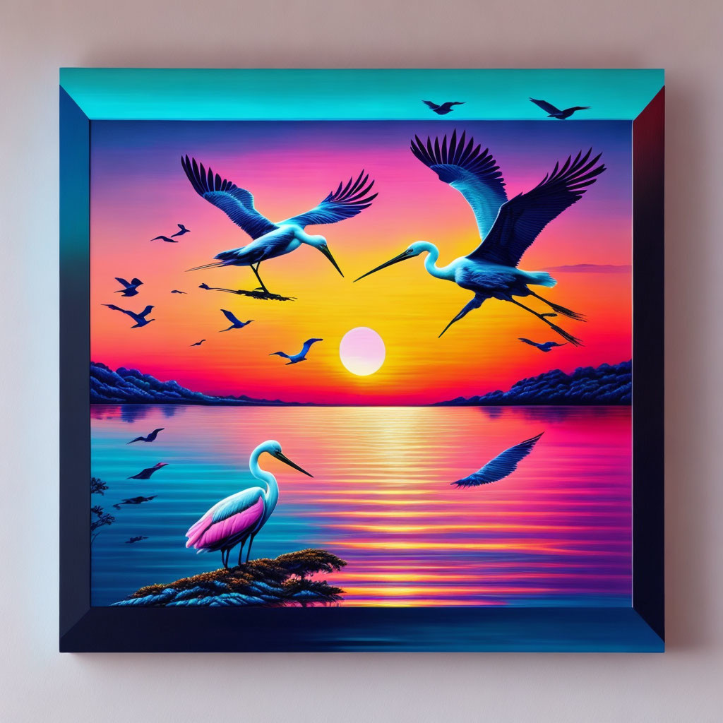 Vibrant digital artwork of cranes by tranquil lake at sunset