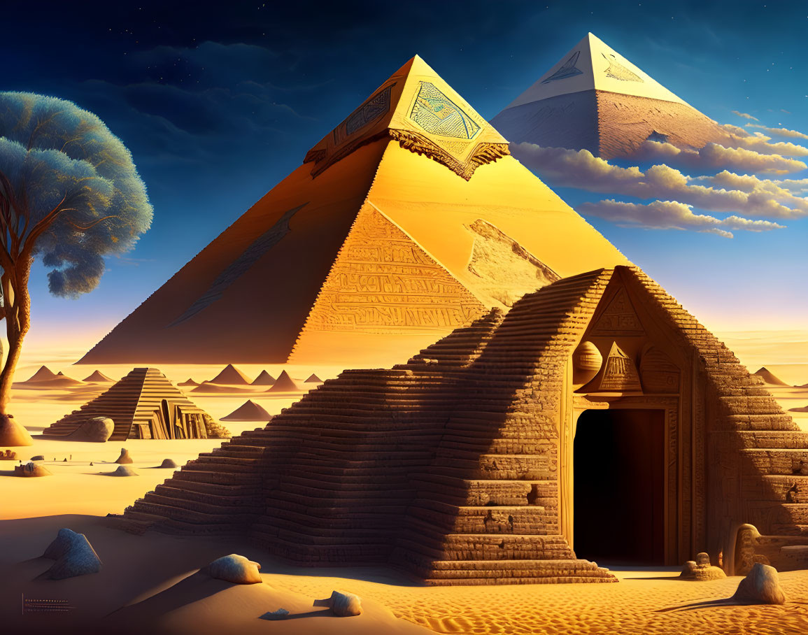 Artwork of Egyptian pyramids in desert twilight with detailed shadows and highlights