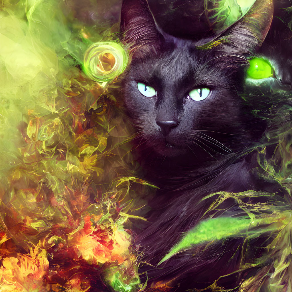 Black Cat with Blue Eyes Surrounded by Ethereal Green and Orange Elements