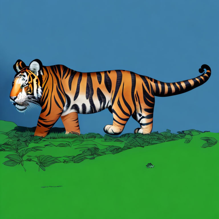 Colorful Tiger Illustration Walking on Green Hill with Blue Sky