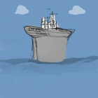 Surreal ship with inverted sails on floating island with waterfalls