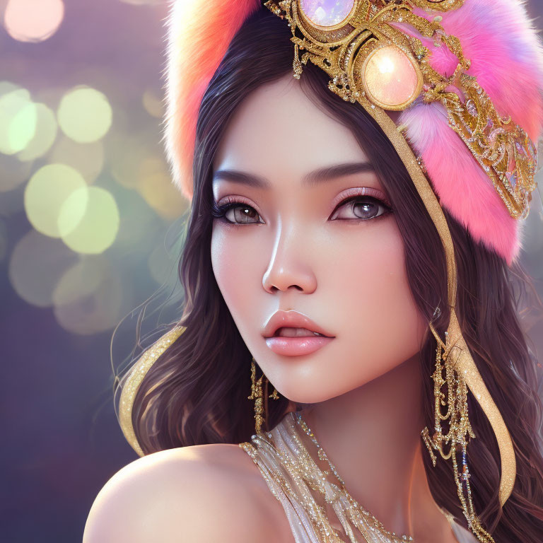 Woman with striking features in decorative headdress against bokeh light background