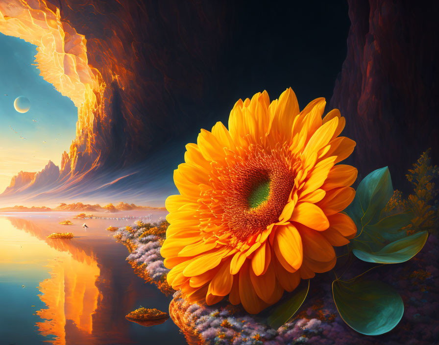 Detailed digital artwork: Sunflower in luminous canyon landscape