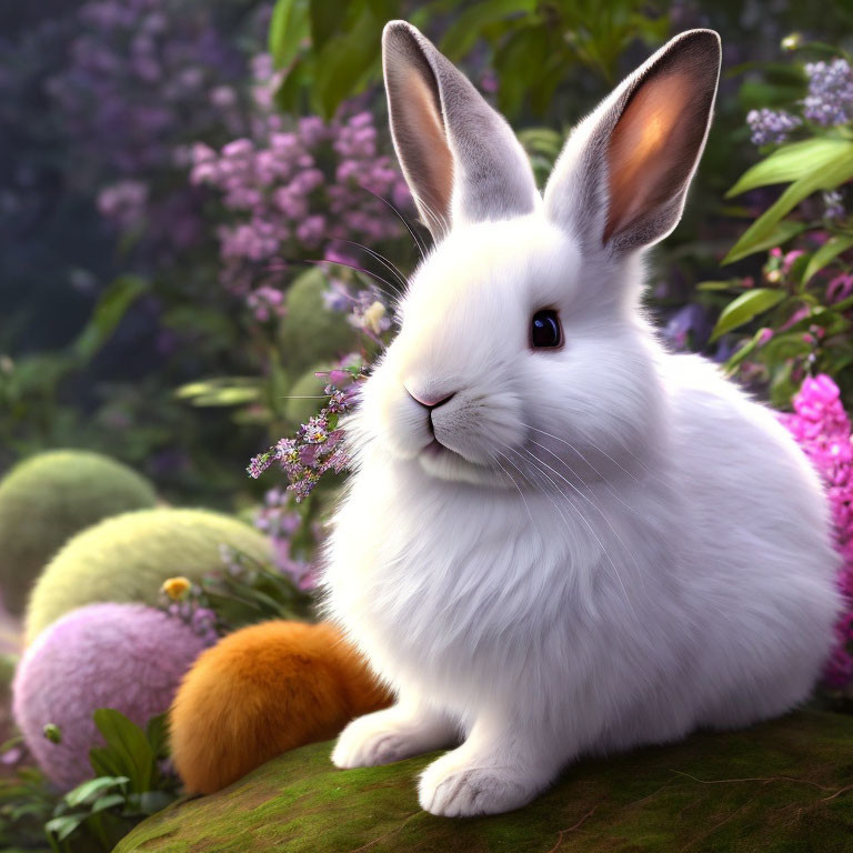 Fluffy white rabbit in colorful flower garden