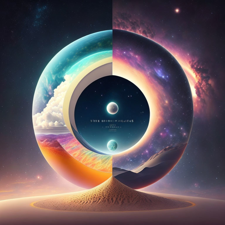 Circular surreal landscape with day-night contrast, celestial elements, vibrant colors, and central text "Time Equ