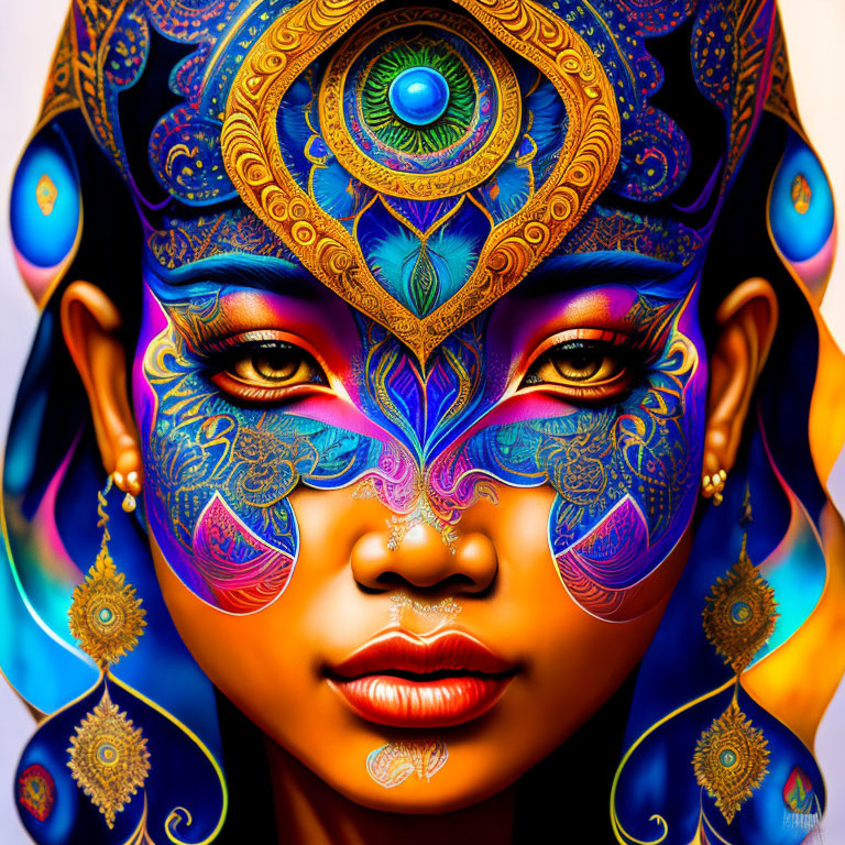 Colorful Digital Artwork Featuring Face with Central Eye Motif
