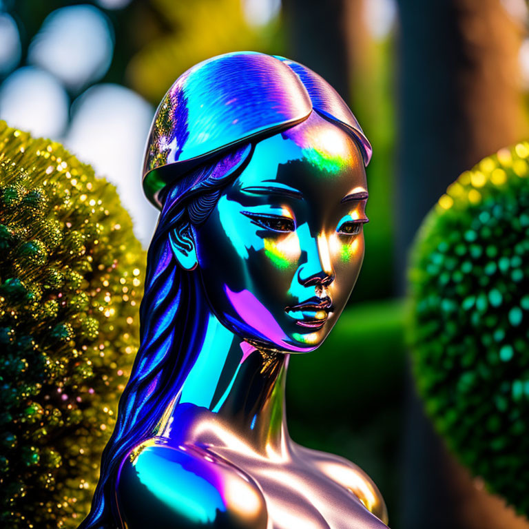 Colorful Metallic Female Figure with Blue and Purple Skin Against Textured Greenery
