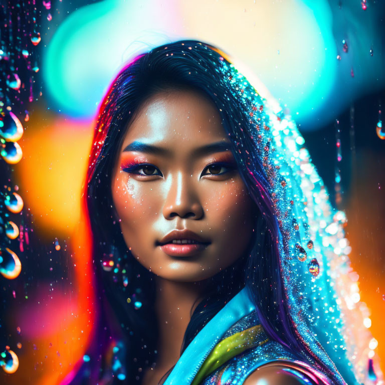 Portrait of Woman with Sparkling Glitter Makeup and Colorful Bokeh Lights