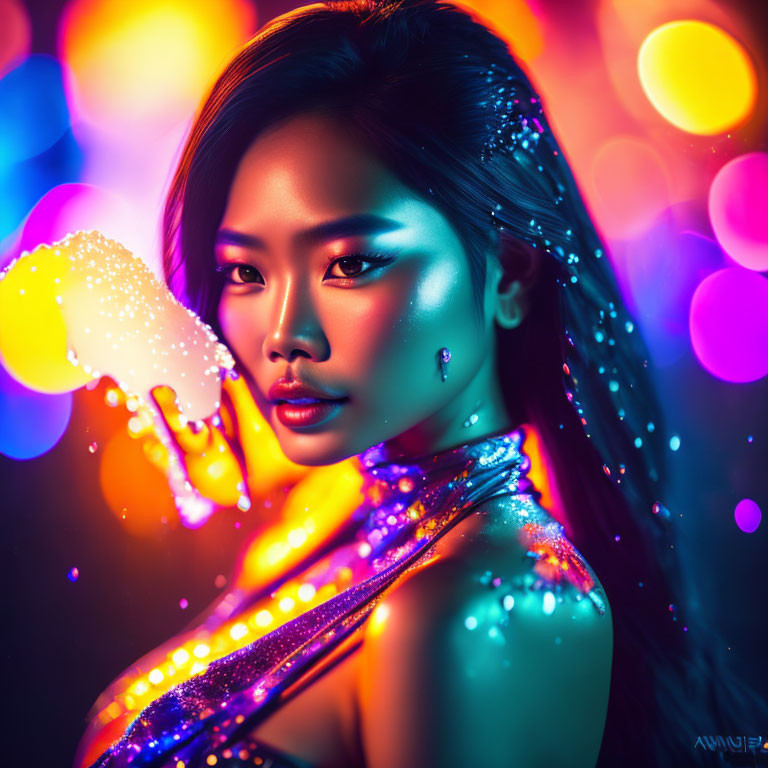Colorful neon-lit setting featuring woman with glowing makeup holding luminous object