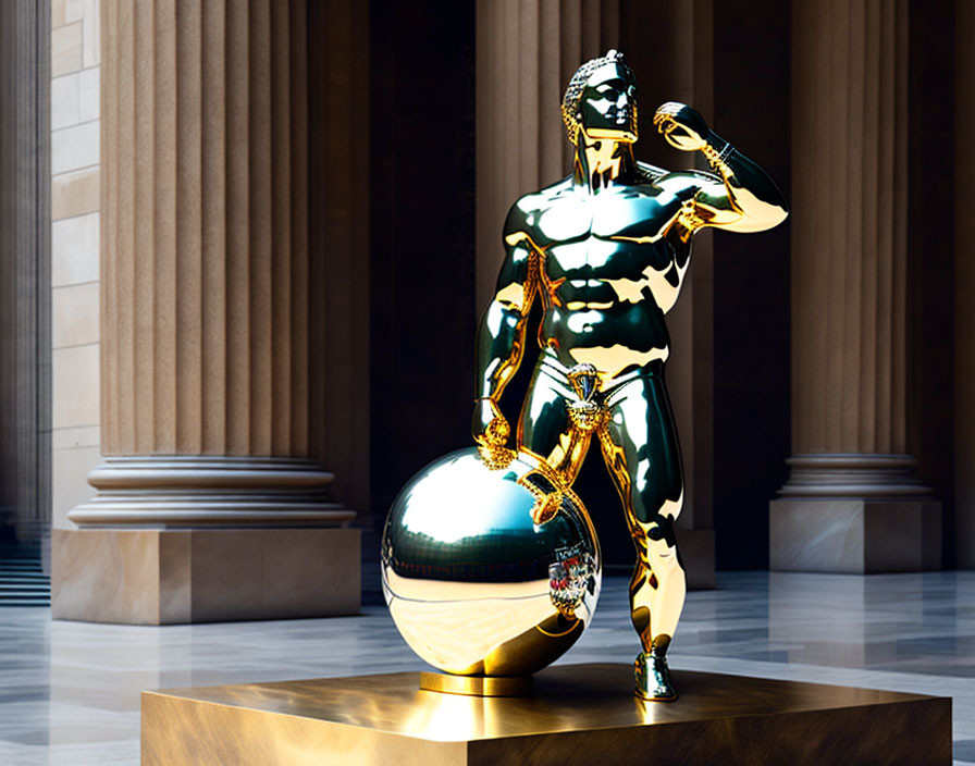 Golden humanoid figure with reflective sphere in grand hall.