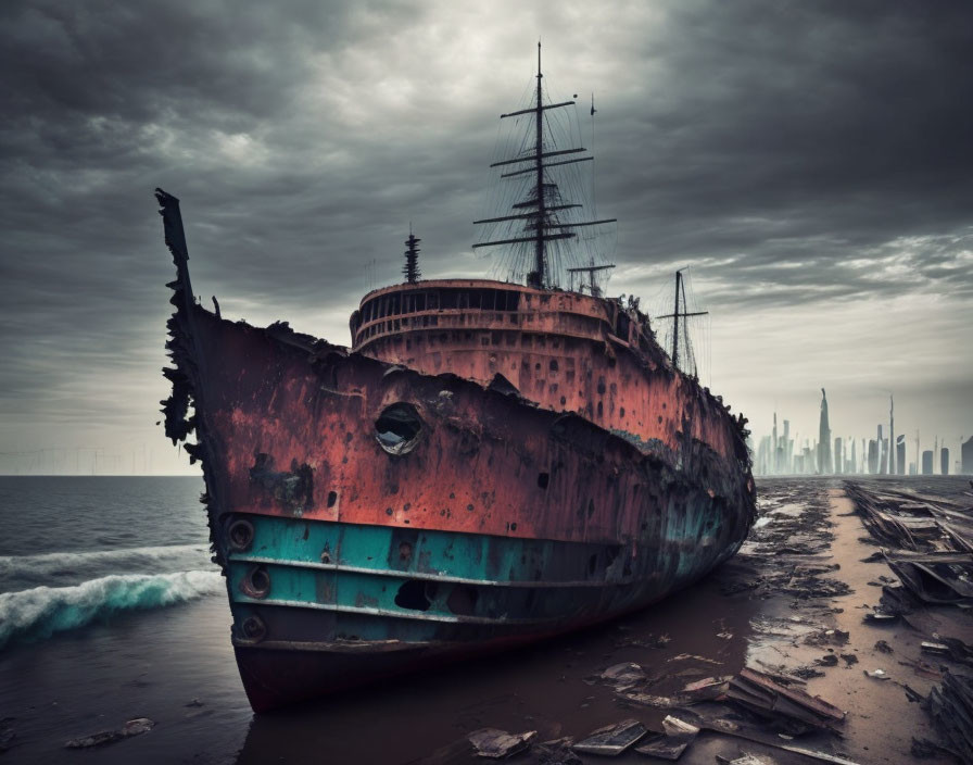 Rusted shipwreck on cloudy beach with distant city skyline