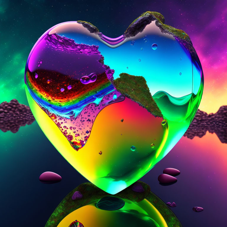 Colorful Heart-shaped Liquid Splash on Cosmic Background