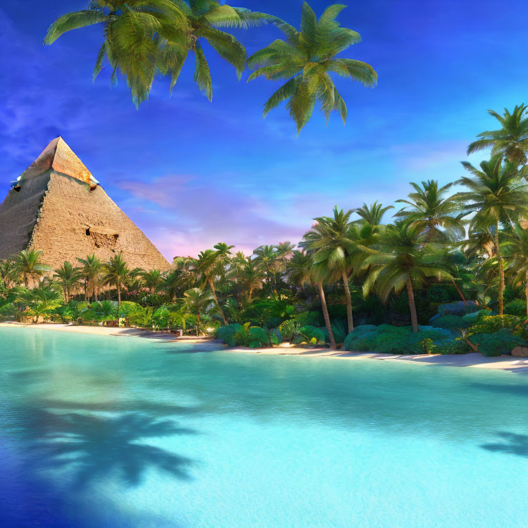 Tropical Beach with Palm Trees and Great Pyramid View