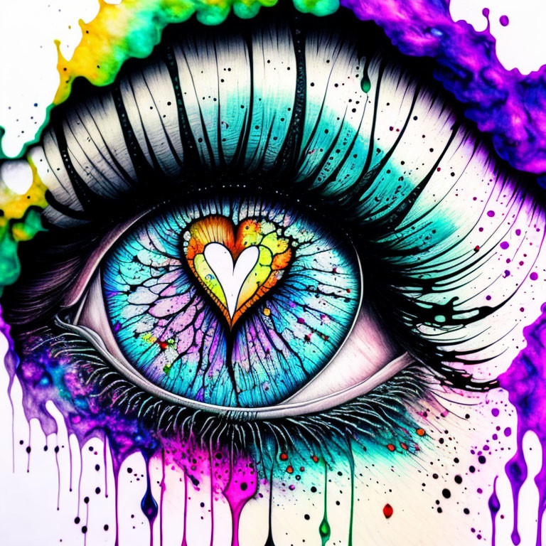 Vibrant eye illustration with heart-shaped pupil in colorful ink splatter