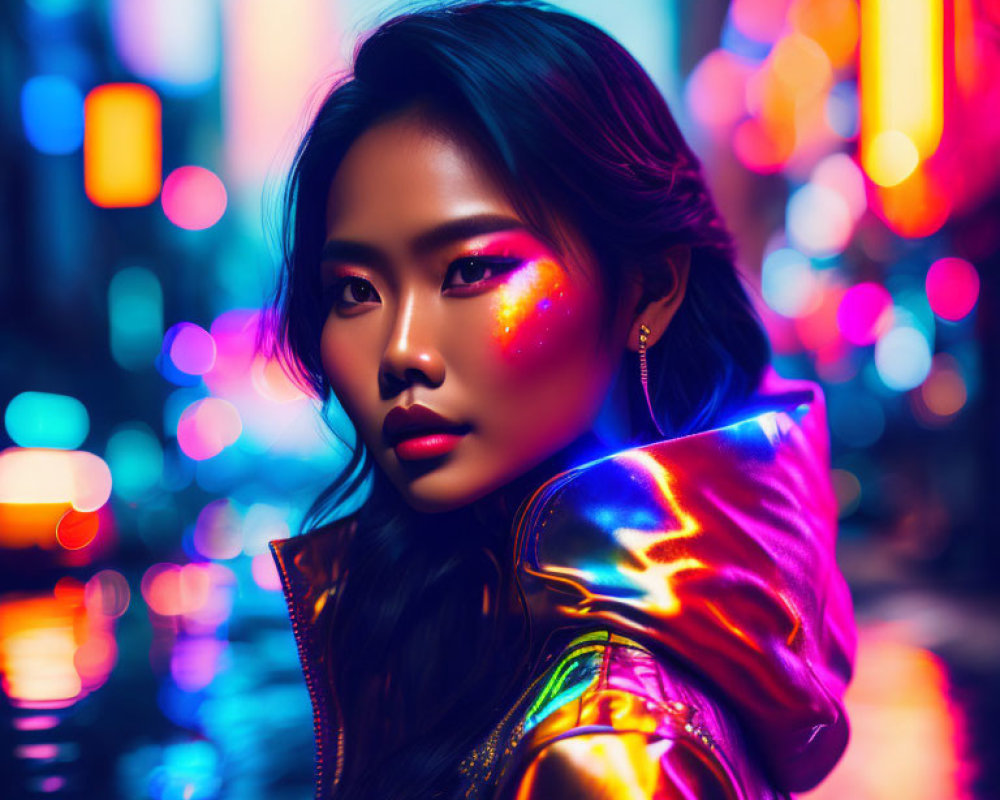 Iridescent Glitter Makeup in Neon Cityscape with Metallic Jacket