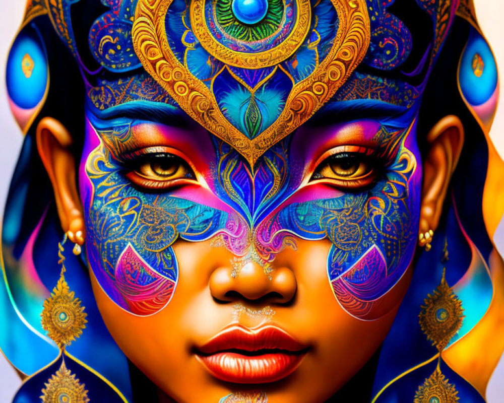Colorful Digital Artwork Featuring Face with Central Eye Motif