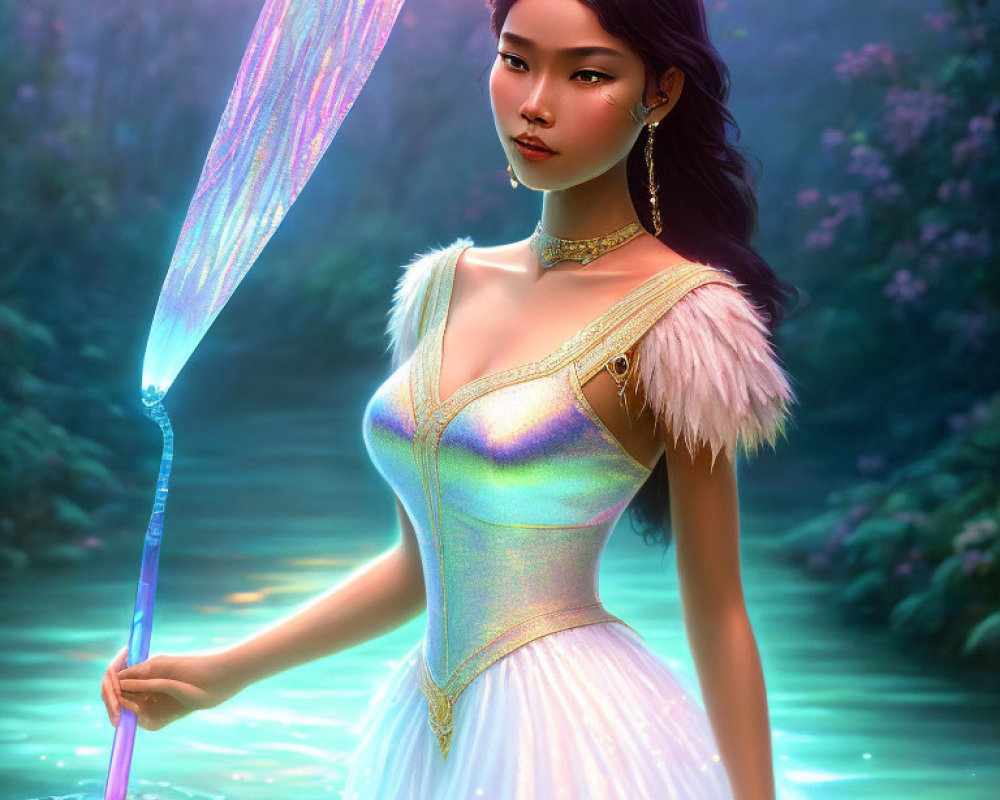 Majestic woman in shimmering dress with magical staff in mystical forest