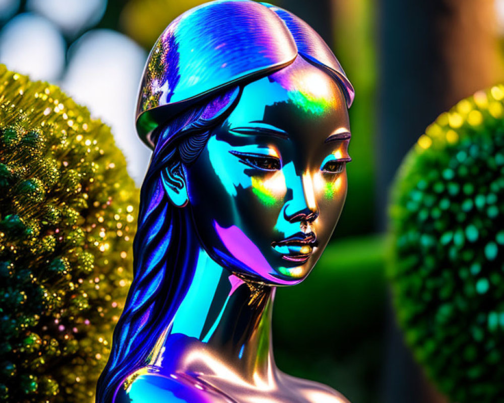 Colorful Metallic Female Figure with Blue and Purple Skin Against Textured Greenery