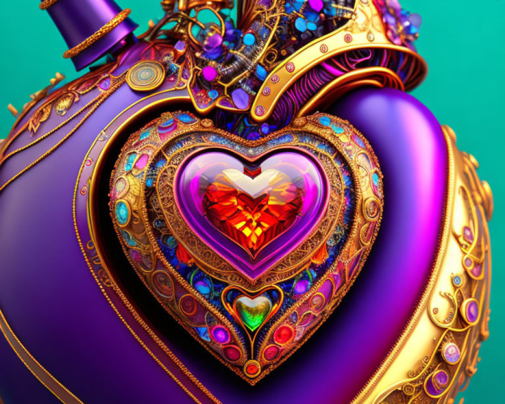 Elaborate 3D Heart Object with Golden Filigree and Gems