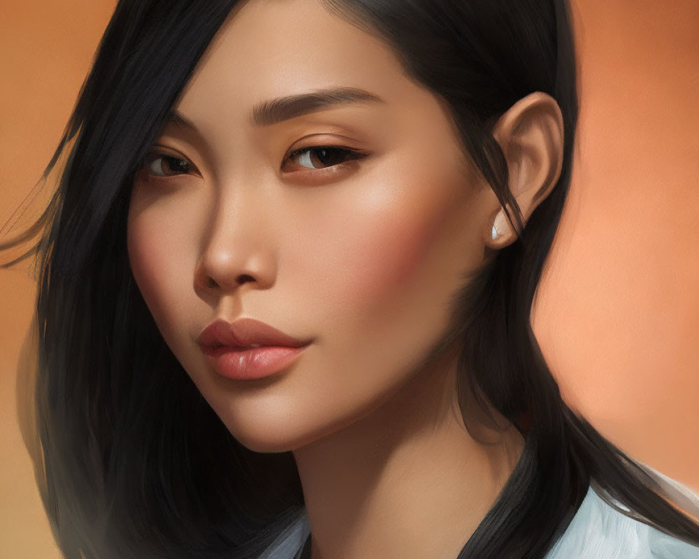 Digital portrait of woman with long black hair and glowing skin on orange background