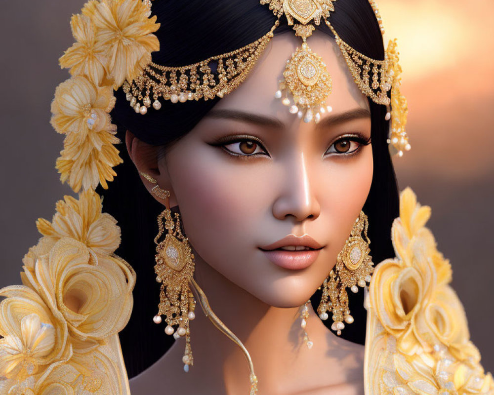 Digital artwork: Woman in gold jewelry and headdress against sunset backdrop