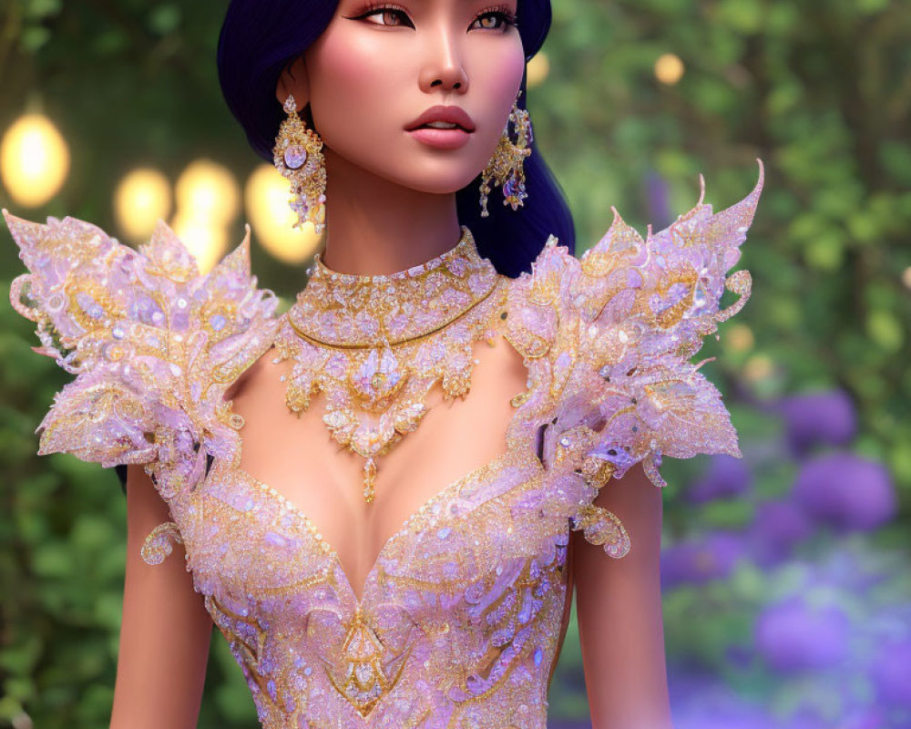 3D-rendered image of Asian-inspired female character in purple hair and ornate lilac gown