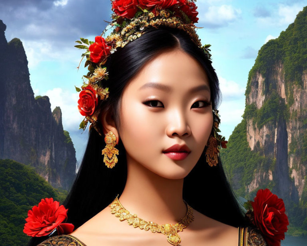 Woman in Floral Headpiece and Traditional Attire Against Mountainous Backdrop