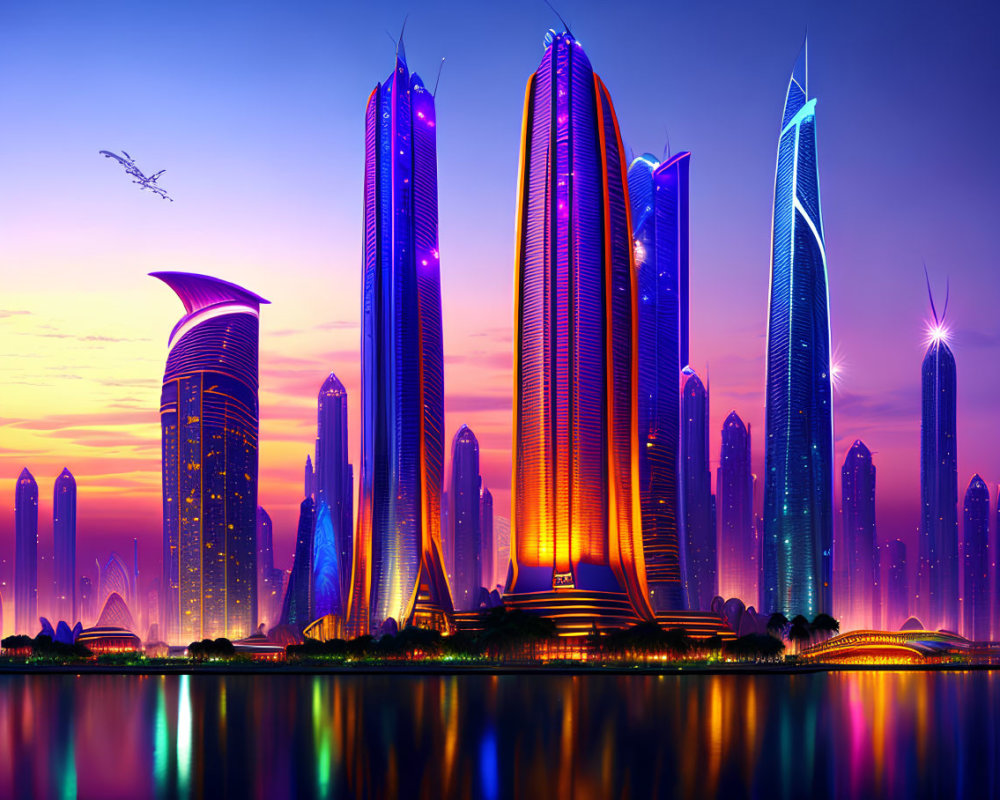 Futuristic neon-lit skyline with plane flying over colorful dusk scene