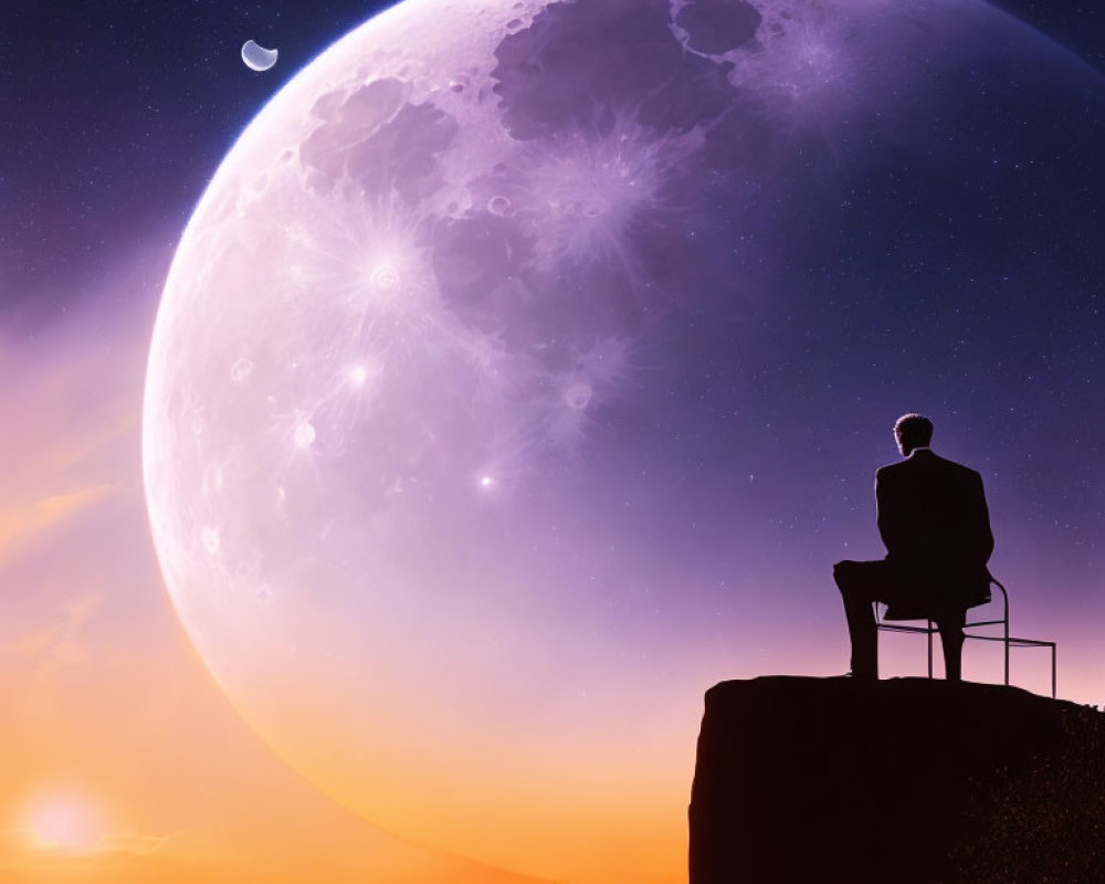 Person sitting on chair silhouetted against large moon and twilight sky