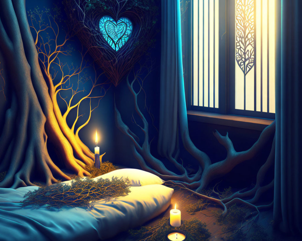 Mystical bedroom with tree roots, heart-shaped canopy, glowing blue, and warm candlelight