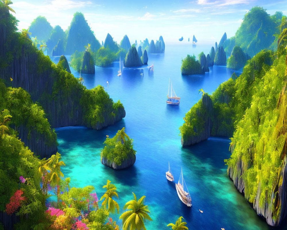 Tropical Seascape with Green Islands and Sailboats