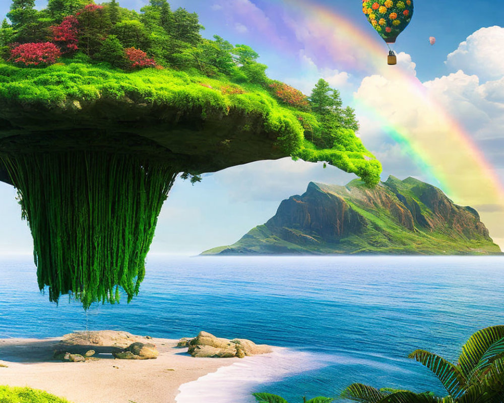 Fantastical floating island with lush greenery, waterfall, rainbow, and hot air balloon