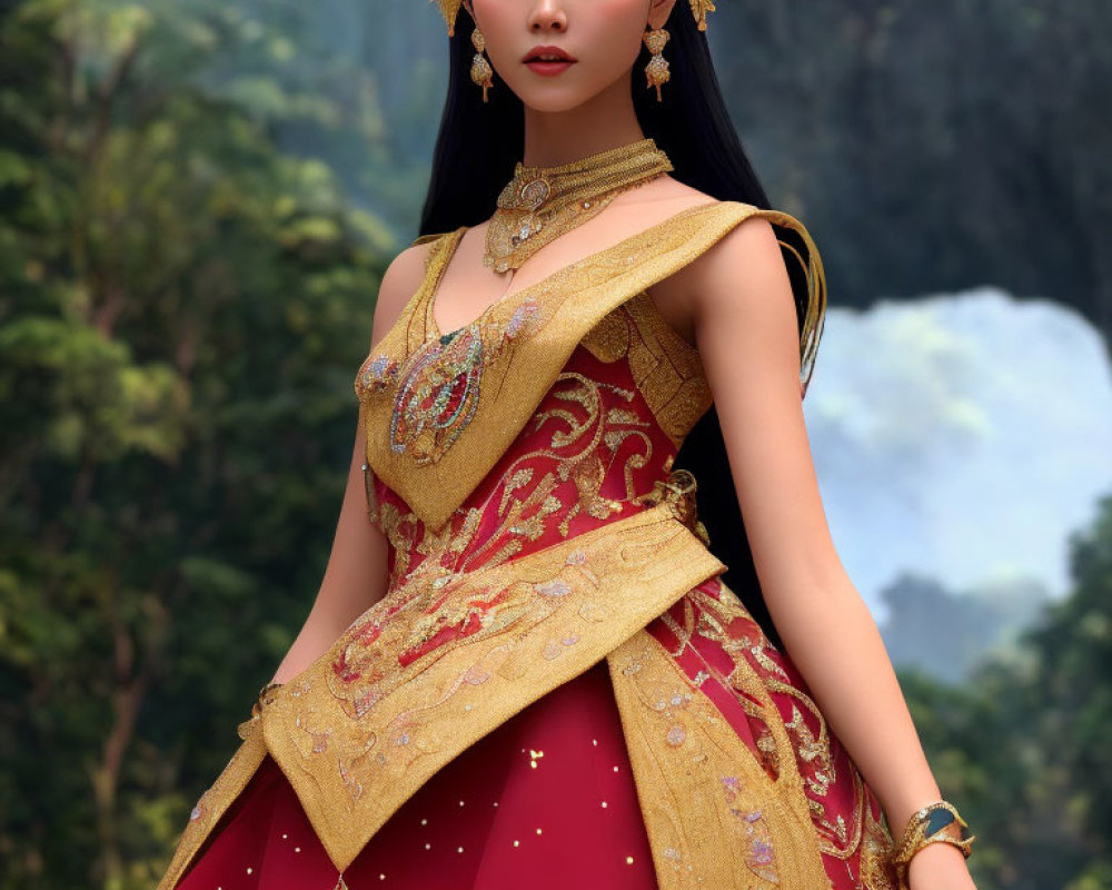 Woman in ornate golden and red traditional costume with intricate jewelry against foggy mountain backdrop