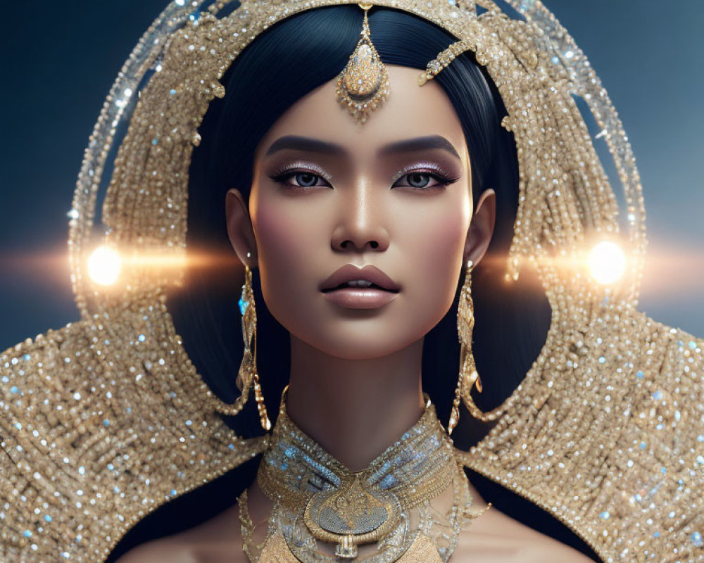 Elaborate Golden Jewelry Portrait Against Dark Background