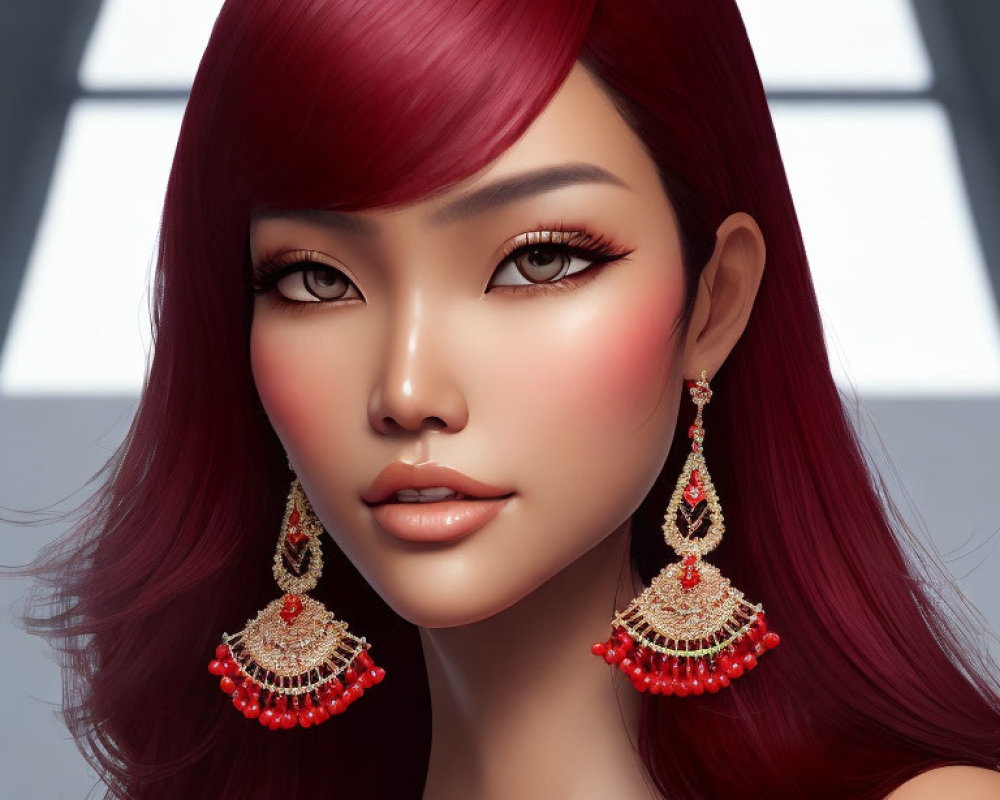 Vibrant 3D Illustration of Model with Red Hair, Earrings, and Makeup