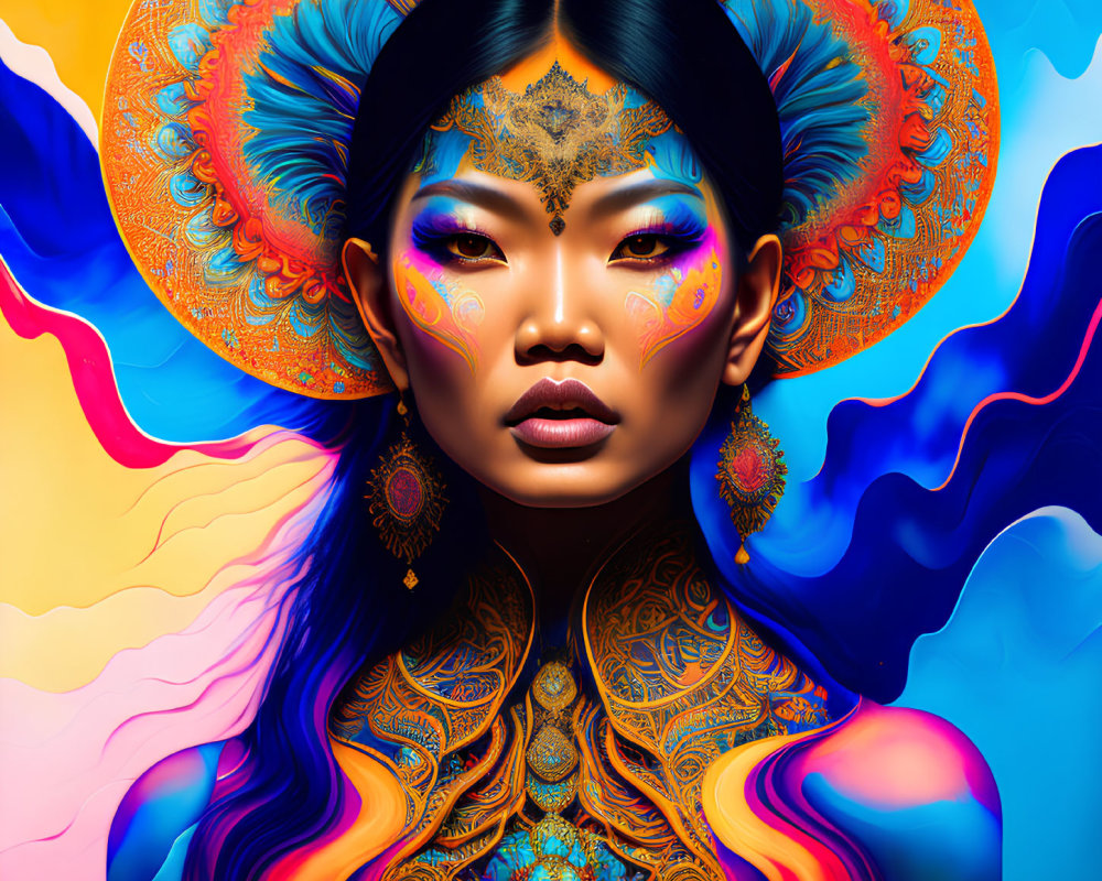 Colorful digital portrait of a woman with blue and orange makeup and ornate accessories
