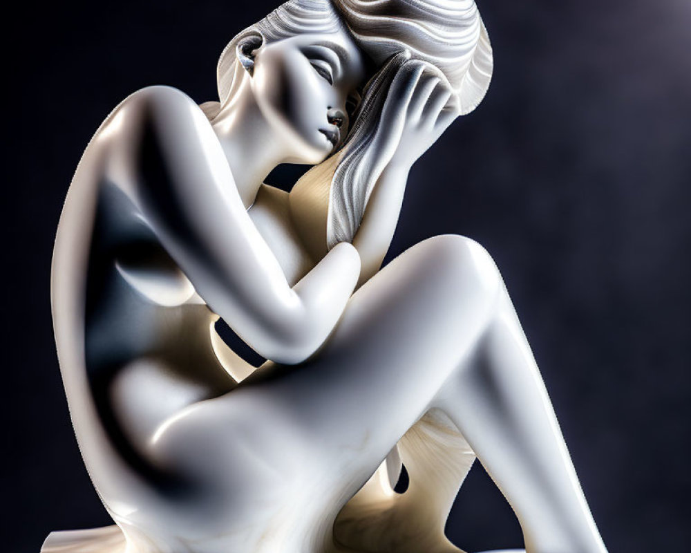 Seated woman statue with flowing hair in contemplative pose