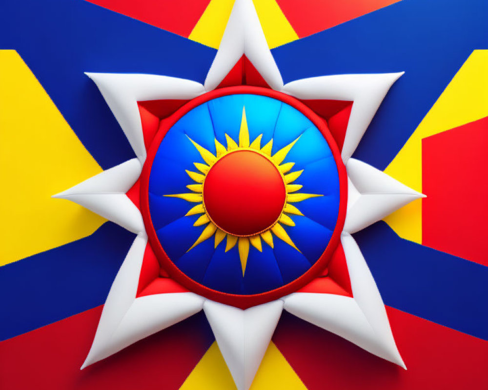 Vibrant graphic featuring blue circle, sun motif, white star on red and yellow geometric background