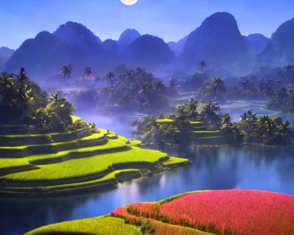 Vibrant green and pink terraced fields by river with moonlit mountains