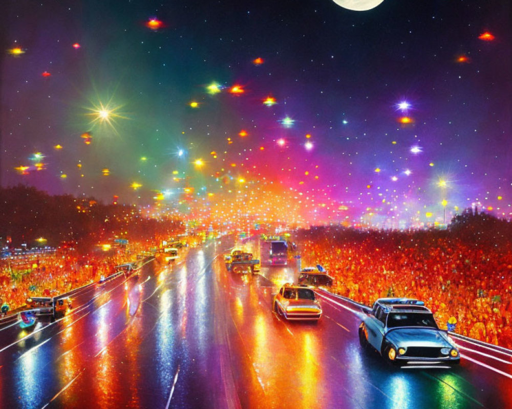 Colorful Night Scene: Busy Road with Vehicles, Crowd, Starry Sky, Lights, and Overs