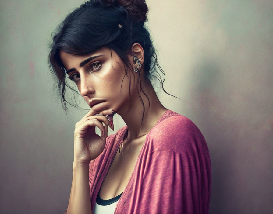 Dark-haired woman in pink cardigan and updo with contemplative expression