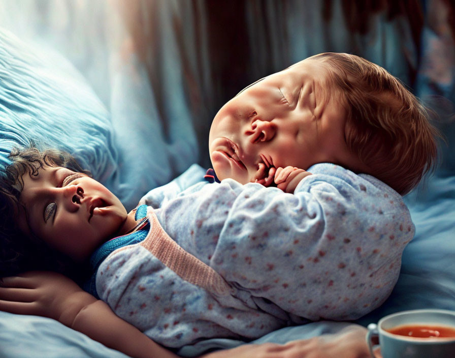Peaceful toddlers sleeping with cozy blanket and tea cup in soft-lit setting