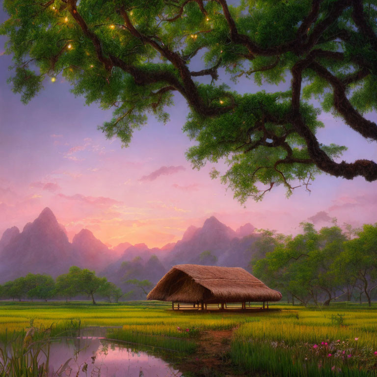 Thatched hut by pond in serene natural setting