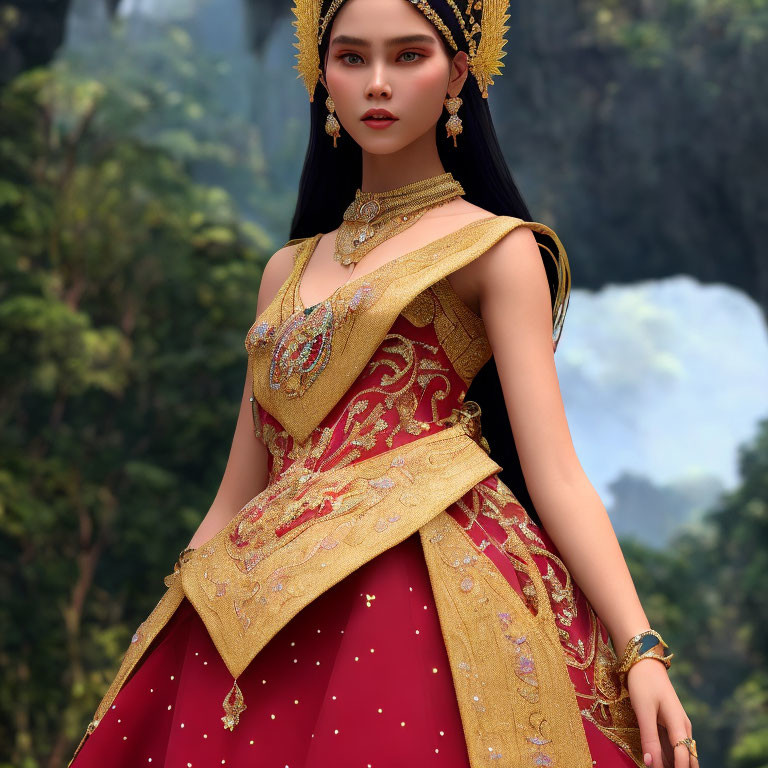 Woman in ornate golden and red traditional costume with intricate jewelry against foggy mountain backdrop