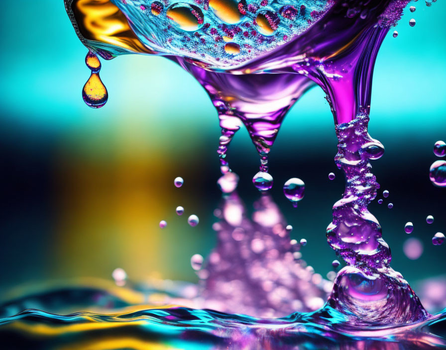 Vibrant purple liquid splashing with suspended droplets on colorful bokeh background