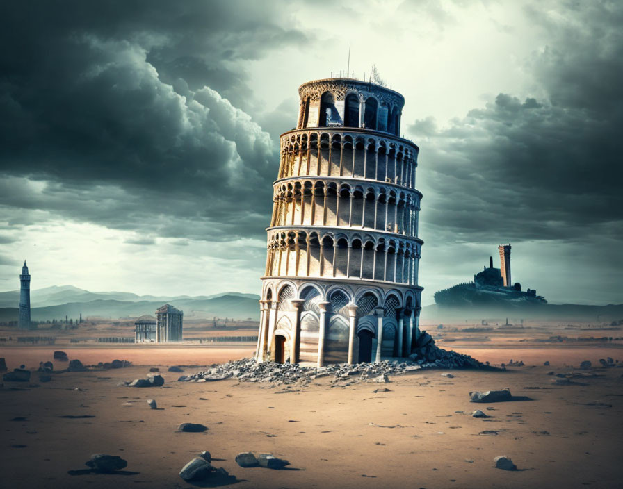 Iconic Leaning Tower of Pisa in Dramatic Landscape