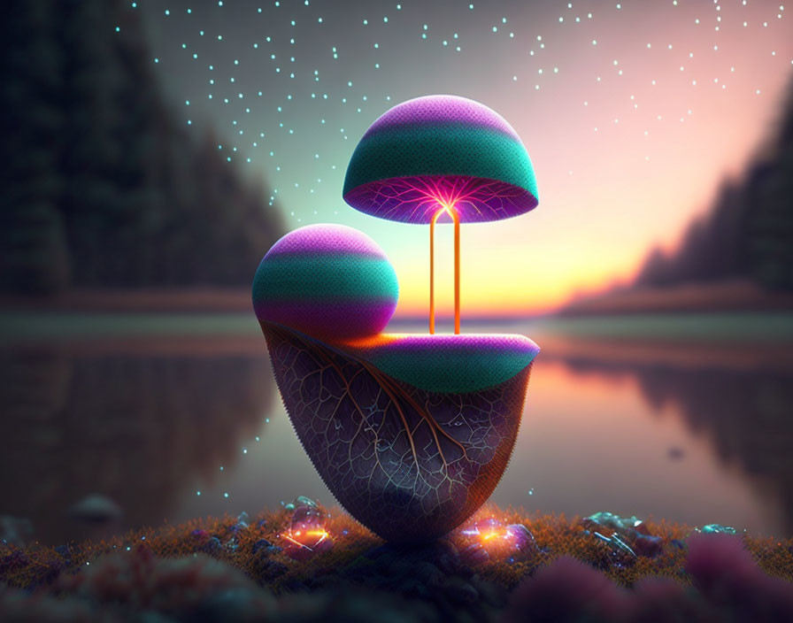 Surreal landscape with glowing mushroom structures by reflective lake