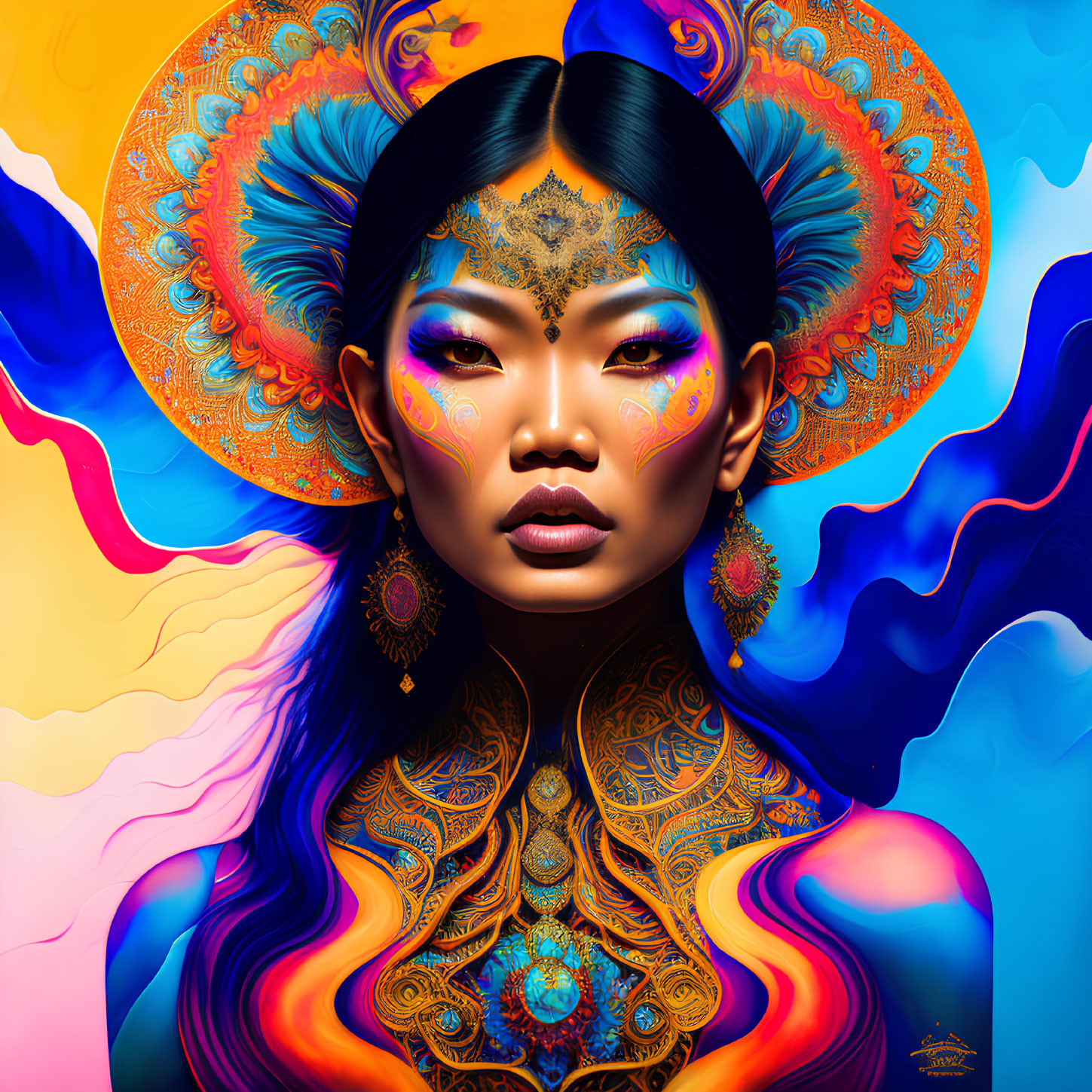 Colorful digital portrait of a woman with blue and orange makeup and ornate accessories