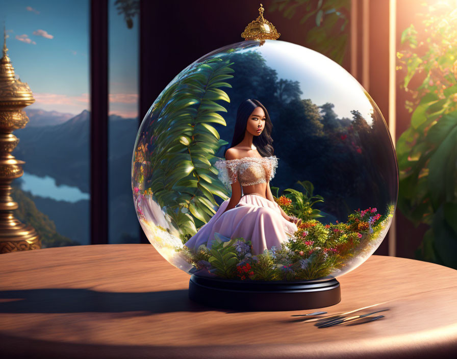 Woman in pastel dress inside glass globe with plants and mountain view