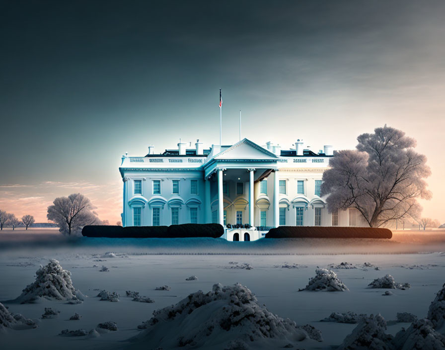 Surreal White House on Oreo cookies in snowy landscape